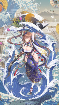 :o armpits arrow_(projectile) bandaged_arm bandaged_chest bandages boat bow_(weapon) braid breasts brown_gloves brown_hair character_request cleavage drawing_arrow fingerless_gloves gloves highres holding holding_bow_(weapon) holding_weapon houchi_shoujo large_breasts mountain official_art open_mouth orange_eyes pale_skin platform_sandals sandals twin_braids v-shaped_eyebrows water watercraft waves weapon