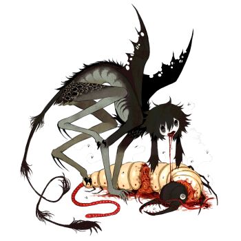 1boy absurdres arthropod_limbs black_hair black_tail black_wings blood blood_from_mouth body_fur bug creature dead_animal flesh fly full_body grey_fur guro harpy_boy highres insect jejejunum leg_up male_focus monster_boy nethermare original simple_background skinny solo tail white_background wings wither_(jejejunum)