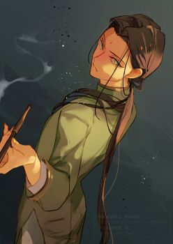 1boy alternate_costume bindi black_hair changpao chinese_clothes dutch_angle green_eyes hair_over_shoulder highres holding holding_smoking_pipe long_hair long_sleeves looking_at_viewer male_focus parted_bangs renzha_fanpai_zijiu_xitong sakuramochi1003 shen_qingqiu sidelocks smoking_pipe solo