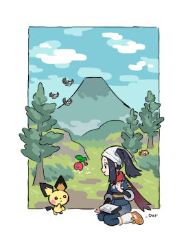 1girl :3 akari_(pokemon) artist_name bidoof black_hair blue_eyes blue_pants blue_shirt blue_sky border bush cherubi commentary commentary_request ddder egasumi english_commentary full_body galaxy_expedition_team_survey_corps_uniform gen_2_pokemon gen_4_pokemon headscarf highres hill leg_warmers looking_to_the_side mountain nintendo outdoors pants pichu pokedex pokemon pokemon_legends:_arceus ponytail red_scarf sandals scarf shirt sitting sky smile solo starly tree white_border white_headscarf white_leg_warmers