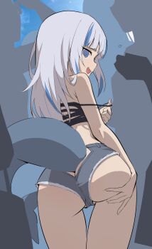 1girl @_@ absurdres ass blue_eyes blue_hair breasts fins fish_tail from_behind gawr_gura grabbing_own_ass highres hirotaka0125 hololive hololive_english long_hair looking_at_viewer medium_hair multicolored_hair open_mouth shark_girl shark_tail shorts small_breasts streaked_hair tail tank_top top_pull unfinished virtual_youtuber