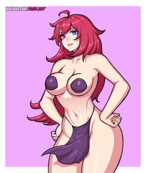 1girl animated animated_gif blue_eyes bottomless breasts dancing deviantart_username functionally_nude heterochromia highres large_breasts original pasties purple_eyes red_hair redjet simple_background solo topless_female