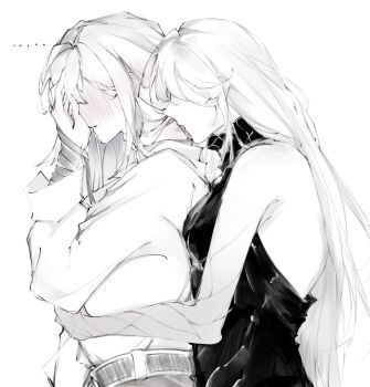 ... 2girls bare_arms blush colored_extremities covering_face dress ear_blush greyscale highres licking licking_another&#039;s_neck long_hair long_sleeves lylvian_r monochrome multiple_girls nox_(path_to_nowhere) path_to_nowhere shalom_(path_to_nowhere) shirt yuri