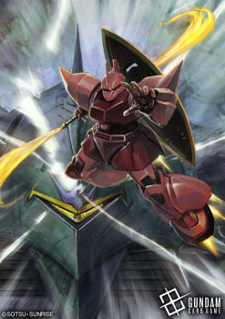 artist_request battle beam_naginata copyright_notice elmeth gelgoog gelgoog_s_char_custom gundam gundam_card_game logo mecha mecha_focus mobile_armor mobile_suit mobile_suit_gundam motion_blur motion_lines no_humans one-eyed radio_antenna robot scene_reference science_fiction shield shoulder_spikes size_difference space spikes sunrise_(company) thrusters title zeon