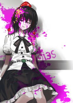 Rule 34 | 1girl, black bow, black bowtie, black hair, black skirt, bow, bowtie, breasts, chinese commentary, closed eyes, collared shirt, commentary request, corpse, danganronpa (series), death, facing viewer, frilled skirt, frills, hair between eyes, hat, highres, puffy short sleeves, puffy sleeves, red hat, rryy, shameimaru aya, shirt, short sleeves, skirt, small breasts, solo, tokin hat, touhou, white shirt