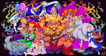 2022 2boys 2girls absurdres animal_ears animal_head armor armored_dress armored_skirt barbarian beret black_background blood bloody_weapon blue_eyes blush bodysuit bone boots bracelet breasts brown_hair capcom capcom_fighting_collection cape cat child claws cleavage collarbone crossed_legs curry curry_rice dog dot_nose dress eating fang feet fingernails food forehead game_cg green_armor green_bodysuit green_eyes green_hair hair_ornament happy hat heart highres holding holding_heart holding_spoon jewelry kataiwa_yuri leo_(warzard) lion lion_boy lion_ears long_hair looking_back mask mask_on_head medium_breasts monster_boy monster_girl mouth_mask mukuro_(warzard) multiple_boys multiple_girls muscular muscular_male necklace ninja ninja_mask non-web_source official_art open_mouth organs pants playing pointing puffy_pants puffy_sleeves red_boots red_hair red_hat rice scarf shirt sidelocks signature sitting smile spiked_bracelet spikes spoon squatting sword tabasa tan tao_(warzard) warzard weapon white_pants white_scarf white_shirt witch witch_hat yellow_eyes