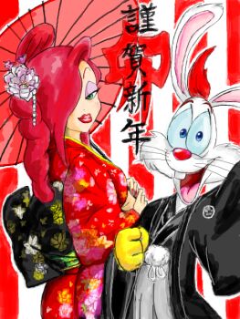 japanese_clothes jessica_rabbit kimono lipstick makeup red_hair roger_rabbit umbrella who_framed_roger_rabbit