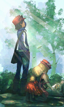 Rule 34 | 1boy, 1girl, absurdres, bag, black bag, black hair, blue jacket, boots, bouquet, calem (pokemon), commentary request, day, falling leaves, flower, hat, highres, jacket, leaf, light rays, long hair, long sleeves, low-tied long hair, nintendo, outdoors, pants, pleated skirt, pokemon, pokemon xy, red hat, red skirt, sayuasakura, serena (pokemon), shadow, shoes, short hair, shoulder bag, skirt, standing, sunglasses, tree