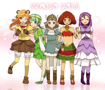 Rule 34 | 10s, 5girls, armlet, blush, brown eyes, brown hair, dress, extra, female focus, flat chest, girl in purple (madoka magica), girl with bear (madoka magica), gold armlet, green eyes, green hair, hat, helmet, holding hands, madoka runes, magical girl, mahou shoujo madoka magica, mahou shoujo madoka magica (anime), multiple girls, one eye closed, open mouth, orange hair, purple eyes, purple hair, red hair, savanna girl (madoka magica), shoes, skirt, smile, socks, spoilers, thighhighs, tibetan girl (madoka magica), viking girl (madoka magica), wink, yellow eyes, yunare