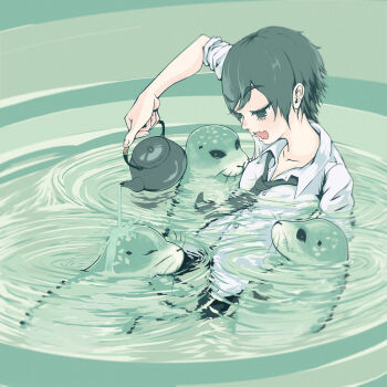 1boy 3others half-closed_eyes highres liquid multiple_others necktie open_mouth original partially_submerged pool pouring ripples seal_(animal) shirt swimming tea tea_stalk teapot toaru1gakusei water wet wet_clothes white_shirt