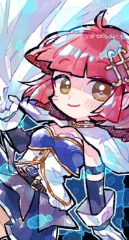 1girl ahoge arle_nadja belt blue_skirt blunt_bangs blush brown_eyes cape closed_mouth cosplay doradorakingyo floating_cape gloves hair_ornament holding holding_unworn_cape holding_unworn_clothes looking_at_viewer mahou_shoujo_madoka_magica miki_sayaka miki_sayaka_(cosplay) miki_sayaka_(magical_girl) puyo_(puyopuyo) puyopuyo puyopuyo_quest red_hair short_hair skirt solo unworn_cape white_cape white_gloves