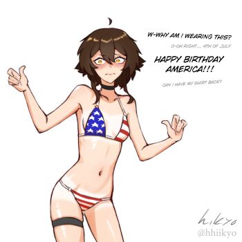 1girl :| ahoge american_flag american_flag_bikini american_flag_print artist_name bare_shoulders bikini black_choker black_straps blue_bikini blush breasts choker closed_mouth collarbone commentary constricted_pupils cowboy_shot curled_fingers embarrassed english_commentary english_text flag_print flag_print_bikini fourth_of_july gluteal_fold hair_between_eyes hair_over_shoulder hhiikyo highres kris_(hhiikyo) looking_at_viewer midriff multicolored_bikini navel nose_blush o-ring o-ring_bikini original print_bikini red_bikini short_hair short_hair_with_long_locks sidelocks signature simple_background skindentation skinny small_breasts solo standing string_bikini striped_bikini striped_clothes swimsuit tan tanline thigh_strap thumbs_up twitter_username wavy_mouth white_background white_bikini yellow_eyes
