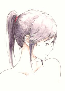 1girl absurdres bare_shoulders bbmasa closed_mouth collarbone commentary_request hair_ribbon hibike!_euphonium high_ponytail highres kasaki_nozomi liz_to_aoi_tori looking_to_the_side medium_hair ponytail profile purple_hair red_ribbon ribbon simple_background solo traditional_media upper_body white_background