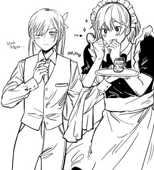 1boy 1girl alternate_costume apron artist_name aubrey_(faraway)_(omori) aubrey_(omori) blush bright_pupils bu3hgg butler can closed_mouth collared_shirt crossdressing crossdressing_(ftm) crossdressing_(mtf) double-parted_bangs enmaided female_butler greyscale hair_between_eyes hair_ribbon highres holding holding_tray kel_(faraway)_(omori) kel_(omori) long_hair long_sleeves maid maid_apron maid_headdress monochrome necktie omori one_eye_closed open_mouth orange_joe_(omori) ponytail ribbon shirt short_sleeves sketch smile tray twitter_username vest