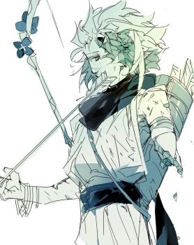 1boy amputee arrow_(projectile) bad_id bad_twitter_id bow_(weapon) bracelet broken cookie_run crumbling forehead_jewel green_theme highres humanization inactive_account jewelry jitome k3vccitq looking_at_viewer male_focus missing_eye monochrome painttool_sai_(medium) pointy_ears quiver robe short_hair sidelocks simple_background sketch solo upper_body weapon white_background wind_archer_cookie