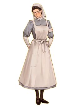 1girl apron armband arms_behind_back belle_(kunnuscumnus) black_pantyhose black_shoes blue_eyes brown_hair closed_mouth collar commentary cowboy_western earrings english_commentary eyelashes full_body headscarf high_collar highres jewelry kunnuscumnus looking_at_viewer low_block_heels mole mole_under_eye no_sclera nurse original outline pantyhose parted_hair shoes simple_background standing stud_earrings white_apron white_armband white_collar white_headscarf yellow_outline