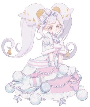 1girl bell bow box christmas colored_eyelashes dress expressionless frilled_dress frills gift gift_box hair_bell hair_bow hair_ornament highres himitsu_no_aipri long_dress long_hair looking_at_viewer pink_dress pretty_series ring_clover sidelocks simple_background sitting solo straight_hair twintails two-tone_dress white_background white_bow white_dress yellow_eyes yunomikuchi