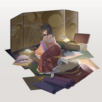 Rule 34 | 1girl, absurdres, alternate costume, black hair, bow, bowl, bowtie, branch, breasts, brown eyes, closed mouth, coin, commentary, cowry shell, crescent print, five impossible requests, folding screen, frilled skirt, frills, gold coin, highres, houraisan kaguya, jeweled branch of hourai, long hair, long skirt, long sleeves, looking at viewer, no noru, print skirt, red skirt, skirt, small breasts, socks, solo, touhou, very long hair, white bow, white bowtie, white socks, wide sleeves