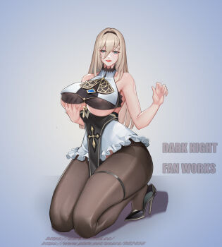 1girl absurdres aponia blue_eyes breasts brown_hair dark_night_(darkotl) full_body grabbing_own_breast high_heels highres honkai_(series) honkai_impact_3rd large_breasts large_variant_set long_hair looking_at_viewer nun pussy_juice solo variant_set