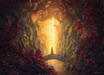 1other branch bridge cave cave_interior cloak commentary english_commentary flower from_side glowing highres hood hooded_cloak jjcanvas light_rays nature original painterly red_leaf river rock scenery tree watermark web_address