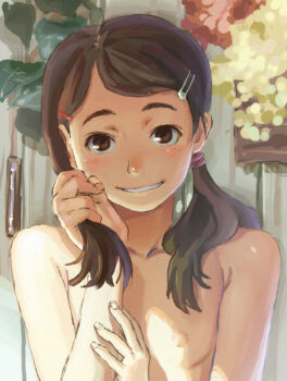 1girl bad_id bad_pixiv_id blush brown_eyes brown_hair bunching_hair derivative_work female_focus flat_chest grin hair_ornament hairclip heriki_(trkj) loli long_hair muted_color nipples original plant shade shy smile solo takamichi topless_female twintails