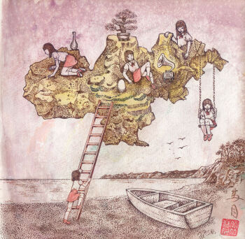 5girls all_fours animal beach bird black_hair boat bonsai bow bowtie climbing egg floating_island fractal_underground_studio island kneehighs ladder long_hair mary_janes multiple_girls ocean original phonograph plant potted_plant red_bow red_bowtie red_shoes red_skirt sand school_uniform seagull shirt shoes short_hair short_sleeves sitting skirt sky socks swing traditional_media tree vase water watercraft white_shirt white_socks