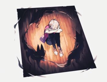 1boy barefoot black_pants blonde_hair chinese_commentary commentary_request crossed_arms head_down highres indoors male_focus pants pavia_(reverse:1999) pink_shirt reverse:1999 shirt short_hair sitting solo tie_fei_wu_mang_dashuai wolf wooden_floor