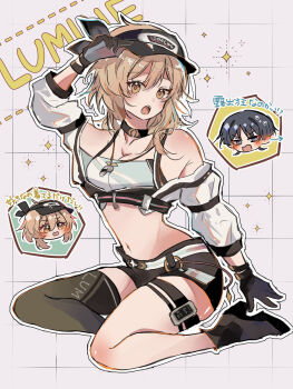 1boy 1girl adjusting_clothes adjusting_headwear arm_up bare_shoulders black_boots black_choker black_gloves black_shorts blonde_hair boots breasts choker cleavage commentary_request crop_top cropped_jacket genshin_impact gloves grid_background hair_between_eyes high_heel_boots high_heels highres jacket looking_at_viewer lumine_(genshin_impact) lumine_(teyvat_turboflux)_(genshin_impact) medium_breasts medium_hair navel off_shoulder official_alternate_costume open_mouth outline scaramouche_(genshin_impact) short_shorts shorts single_thighhigh sitting solo_focus spoken_character sw_chestnut thighhighs translation_request visor_cap wanderer_(genshin_impact) whistle whistle_around_neck white_jacket white_outline yellow_eyes yokozuwari
