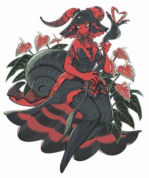 1girl antennae arthropod_tail bare_arms bare_shoulders black_dress black_hair black_sclera black_thighhighs breasts cleavage closed_mouth colored_sclera colored_skin commentary dress fingernails full_body heart high-low_dress highres holding holding_staff leaf looking_at_viewer medium_breasts multicolored_hair no_feet original red_dress red_hair red_skin ruteko_(ruko220) sharp_fingernails short_hair signature snail_girl snail_shell solo staff strapless strapless_dress tail thighhighs two-tone_dress two-tone_hair watermark white_background white_eyes zettai_ryouiki