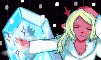 1boy 1girl animal_ears antlers berdly_(dark_world)_(deltarune) berdly_(deltarune) blonde_hair closed_eyes commentary deer deer_antlers deer_ears deer_girl deltarune english_commentary freckles furry hand_on_own_head horns meme naoya_hitting_choso_without_looking_(meme) noelle_holiday noelle_holiday_(dark_world) snowgrave_(spell) sweat thorn_ring_(deltarune) utdr_(toby_fox) weird_route_(deltarune) zzinddacom