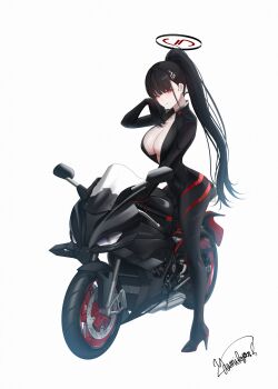 1girl absurdres black_bodysuit blue_archive blunt_bangs blush bodysuit breasts bright_pupils closed_mouth commentary full_body hair_ornament hairclip halo hand_up high_heels highres large_breasts long_hair looking_at_viewer motor_vehicle motorcycle official_alternate_costume ponytail red_eyes rio_(blue_archive) rio_(bodysuit)_(blue_archive) signature simple_background solo sport_motorcycle white_background white_pupils yamikyon