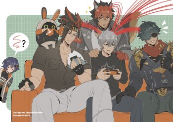 1girl 4boys ? animal_ear_piercing animal_ears anton_ivanov belle_(zenless_zone_zero) black_gloves blue_hair couch dog_boy dog_ears dog_tail doodlefish eous_(zenless_zone_zero) food gloves green_hair grey_hair hand_on_another's_thigh headband highres komano_manato lighter_(zenless_zone_zero) multicolored_hair multiple_boys on_couch onigiri partially_unbuttoned playing_games red_hair red_scarf scarf sunglasses tail wise_(zenless_zone_zero) zenless_zone_zero