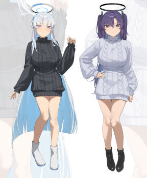 2girls absurdres alternate_costume black_boots black_halo black_sweater blue_archive blue_hair boots breasts colored_inner_hair commentary_request full_body halo hand_on_own_hip headgear highres large_breasts long_hair looking_at_viewer mechanical_halo mm_(mhm2592) multicolored_hair multiple_girls noa_(blue_archive) purple_eyes purple_hair ribbed_sweater sweater two-tone_hair two_side_up very_long_hair white_boots white_halo white_sweater yuuka_(blue_archive) zoom_layer