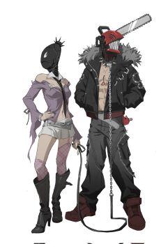 1boy 1girl abs alternate_costume animal_collar belt black_collar black_jacket black_nails black_necktie bomb_devil_(chainsaw_man) boots breasts chain chain_leash chainsaw chainsaw_man collar corrupted_twitter_file denji_(chainsaw_man) detached_collar flower flower_ornament full_body fur-trimmed_jacket fur_trim grey_belt grey_pants hand_on_own_hip hands_in_pockets hashtag-only_commentary high_heel_boots high_heels highres holding holding_leash jacket leash leash_pull long_sleeves miniskirt navel_piercing necktie object_head open_clothes open_jacket pants pectorals piercing pochita_(chainsaw_man) pull_cord purple_shirt shirt simple_background sinker111111 skirt standing torn_clothes torn_sleeves white_background white_flower white_skirt