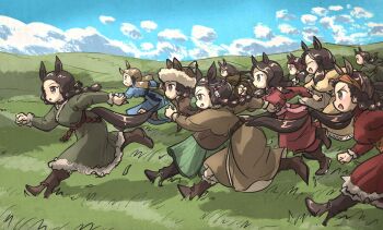 animal_ears bandana belt boots braid brown_hair cloud cloudy_sky day field grasslands hair_ornament highres hill horse_ears horse_girl horse_tail ironlily landscape long_hair long_sleeves mongolian_clothes multiple_girls open_mouth original outdoors running sky tail umamusume