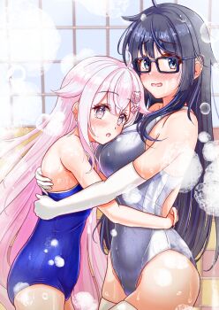 2girls absurdres black_hair blue_eyes blue_one-piece_swimsuit blush charomi commentary_request competition_school_swimsuit competition_swimsuit fukuji_sango gero_mitsuki glasses highres long_hair looking_at_viewer multiple_girls nose_blush one-piece_swimsuit onsen_musume pink_eyes pink_hair school_swimsuit soap_bubbles swimsuit thighhighs white_thighhighs