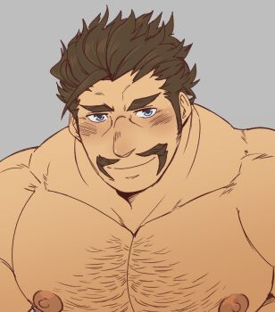 1boy alois_rangeld bara blue_eyes brown_hair chest_hair closed_mouth commentary facial_hair fire_emblem fire_emblem:_three_houses grey_background highres juggermelon large_pectorals looking_at_viewer male_focus mustache nintendo nipples pectorals short_hair simple_background solo variant_set