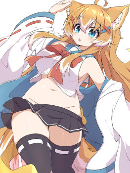 Rule 34 | 1girl, ahoge, animal ear fluff, animal ears, aqua eyes, arm up, belly, black skirt, black thighhighs, blue sailor collar, bow, bowtie, breasts, cropped shirt, hair between eyes, hair ornament, hairclip, highres, jacket, jacket partially removed, large breasts, light blush, long hair, looking at viewer, miniskirt, multicolored hair, navel, no panties, open clothes, open jacket, open mouth, orange hair, original, pleated skirt, red bow, red bowtie, red ribbon, ribbon, ribbon-trimmed sleeves, ribbon-trimmed thighhighs, ribbon trim, sailor collar, shirt, side slit, sidelocks, simple background, skindentation, skirt, sleeveless, sleeveless shirt, solo, tail, thighhighs, toramaru2001710, two-tone hair, very long hair, white background, white hair, white jacket, white shirt, wide sleeves, x hair ornament