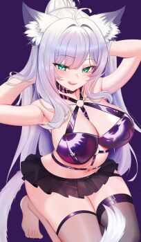 1girl :q absurdres ahoge animal_ear_fluff animal_ears aqua_eyes armpits arms_behind_head belt_collar black_skirt blush breasts capycapy cat_ears cat_girl cat_tail cleavage collar feet highres indie_virtual_youtuber large_breasts long_hair microskirt mole mole_under_eye navel o-ring second-party_source skirt snowwiiii solo tail thighhighs thighs tongue tongue_out virtual_youtuber white_hair