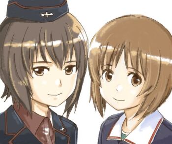 Rule 34 | 2girls, aida yuu, black jacket, blue jacket, brown eyes, brown hair, collar, cross, dress shirt, garrison cap, girls und panzer, green shirt, green skirt, hair between eyes, hat, jacket, kuromorimine military uniform, looking at viewer, lowres, military, military hat, military uniform, mugshot, multiple girls, nishizumi maho, nishizumi miho, ooarai military uniform, red shirt, red skirt, shirt, short hair, siblings, sisters, skirt, white collar, wing collar