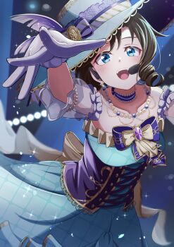 1girl absurdres bare_shoulders black_hair blue_dress blue_eyes blue_hat blurry blurry_background collarbone commentary_request corset cowboy_shot cross-laced_clothes cross-laced_corset detached_sleeves dress frilled_dress frilled_sleeves frills gloves hat headset highres hiiragi_(hi_ragi1250) looking_at_viewer love_live! love_live!_nijigasaki_high_school_idol_club low_drills official_alternate_costume osaka_shizuku purple_corset purple_gloves see-through_clothes see-through_sleeves solo sparkle strapless strapless_dress underbust yagate_hitotsu_no_monogatari