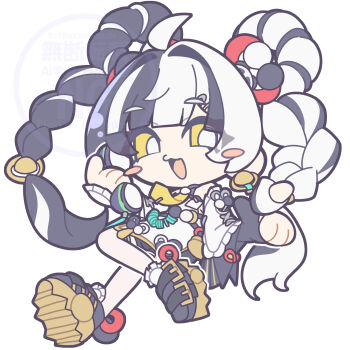 1girl ahoge bare_shoulders black_hair black_shoes blush braid braided_twintails chibi chibi_only china_dress chinese_clothes commentary_request corded_phone detached_sleeves dialyn_(zenless_zone_zero) dress earrings full_body hair_extensions hair_intakes hair_ornament hairclip highres holding holding_phone jewelry leg_up long_hair multicolored_hair multicolored_nails necktie open_mouth panda_hair_ornament phone ring_hair_extensions shinonome_nashi shoes simple_background solo split-color_hair thighhighs watermark white_background white_hair white_thighhighs wire yellow_eyes yellow_necktie zenless_zone_zero