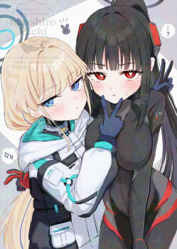 ... 2girls ? bent_v black_bodysuit black_hair blonde_hair blue_archive blue_eyes blue_streaks blunt_bangs blush bodysuit breasts bright_pupils commentary_request double_v halo headgear high_ponytail highres hood hooded_jacket jacket large_breasts long_hair looking_at_viewer masshirokachi multiple_girls official_alternate_costume ponytail red_eyes ringed_eyes rio_(armed)_(blue_archive) rio_(blue_archive) spoken_ellipsis spoken_question_mark spoken_sparkle sweatdrop toki_(armed)_(blue_archive) toki_(blue_archive) v v_over_mouth very_long_hair watermark white_jacket white_pupils