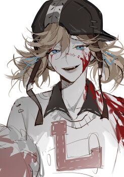 1girl absurdres backwards_hat baseball_cap black_shirt blood blood_on_clothes blood_on_face blue_eyes fang hat highres identity_v lily_barriere looking_at_viewer mu208 orange_hair raised_inner_eyebrows shirt short_twintails smirk solo sweater twintails white_sweater
