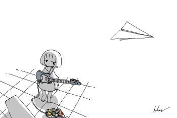 Rule 34 | 1girl, absurdres, barefoot, cable, commentary, effects pedal, electric guitar, from above, greyscale, guitar, highres, instrument, kaduise, monochrome, original, oversized clothes, oversized shirt, paper airplane, shirt, short hair, signature, solo, spot color, standing, tile floor, tiles, wide shot