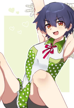 1girl :3 :d absurdres armpits arms_behind_head arms_up bandaged_arm bandages bike_shorts bike_shorts_under_skirt black_shorts blush border breasts brown_eyes collared_dress commentary dress green_background green_dress hair_between_eyes hand_on_own_arm heart highres idol_clothes kanbaru_suruga knees_up leaning_back medium_breasts monogatari_(series) monogatari_series_puc_puc on_ground open_mouth outline outside_border polka_dot polka_dot_dress purple_hair short_hair shorts simple_background sitting sleeveless sleeveless_dress smile solo spread_legs stretching thick_eyebrows tomboy tsugumi_(tgm_615486) two-tone_dress v-shaped_eyebrows white_border white_dress white_outline