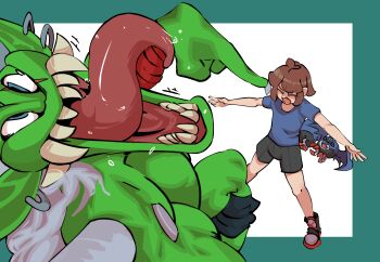 Rule 34 | absurdres, bat (animal), bone, club (weapon), colored skin, digimon, digimon (creature), earrings, eye mask, green skin, highres, holding, holding bone, holding club, holding weapon, horns, jewelry, long hair, mask, multiple boys, ogre, open mouth, orgemon, picodevimon, popopcorn, sharp teeth, skull print, teeth, tongue, torn wings, weapon, wings