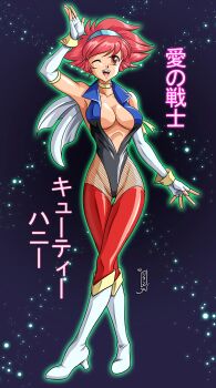 Rule 34 | 1990s (style), 1girl, arm at side, arm up, armpits, arms up, artist name, bodysuit, boots, breasts, choker, cleavage, cutie honey, cutie honey (character), fingerless gloves, gloves, hair ornament, hand up, heart, heart choker, highleg, highleg leotard, highres, impossible clothes, jewelry, kurumi-lover, large breasts, leotard, medium breasts, nagai gou, one eye closed, open clothes, open mouth, red eyes, red hair, retro artstyle, shiny clothes, short hair, smile, solo, tomboy, translation request