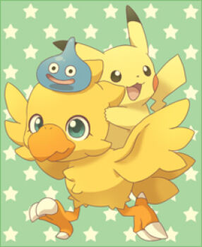 Rule 34 | bird, chocobo, crossover, dot nose, dragon quest, feathers, final fantasy, gen 1 pokemon, happy, lowres, mugita konomi, nintendo, no humans, pikachu, pokemon, pokemon (creature), slime (dragon quest), smile, star (symbol), tail