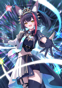 1girl :d absurdres animal_ear_fluff animal_ears black_gloves black_hair black_jacket black_shirt black_skirt collared_shirt commentary_request garter_straps gloves gold_tiara gold_trim heart-shaped_gem highres hololive jacket layered_skirt long_sleeves looking_at_viewer midriff multicolored_hair multicolored_jacket necktie official_alternate_costume official_alternate_hairstyle ookami_mio ookami_mio_(our_sparkle) open_mouth outstretched_arm overskirt partially_fingerless_gloves pleated_skirt ponytail reaching reaching_towards_viewer red_hair shirt short_hair single_garter_strap skirt smile solo split-color_clothes streaked_hair teeth togemaru34 two-tone_jacket two-tone_skirt upper_teeth_only virtual_youtuber white_jacket white_skirt wolf_ears wolf_girl yellow_eyes